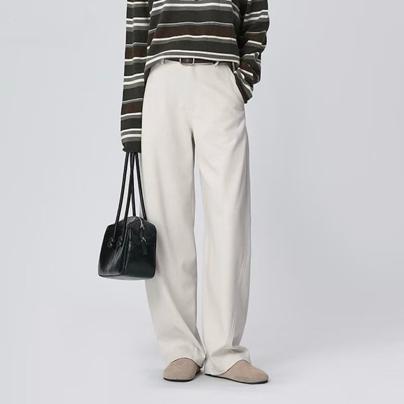 OuXiaoCang Dusty White High Waisted Barrel Leg Trousers Minimalist Chic Pants S